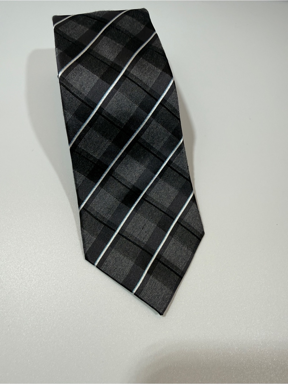 Marc Anthony narrow Black Plaid Men's Tie with Silver Stripes